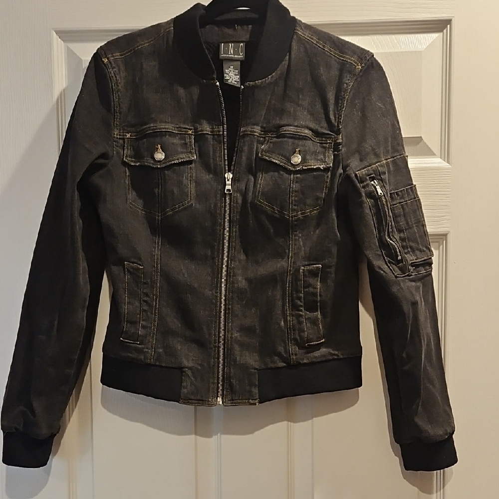 INC International Concepts Black Bomber Jacket with Ribbed Cuffs